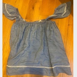 Off the shoulder chambray denim and crochet top